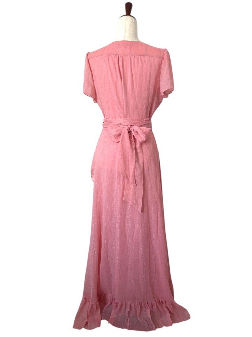 WAYF Wrap Maxi Dress Blush Pink Shimmer Ruffle Flutter Sleeve Womens Large L - Picture 2 of 5